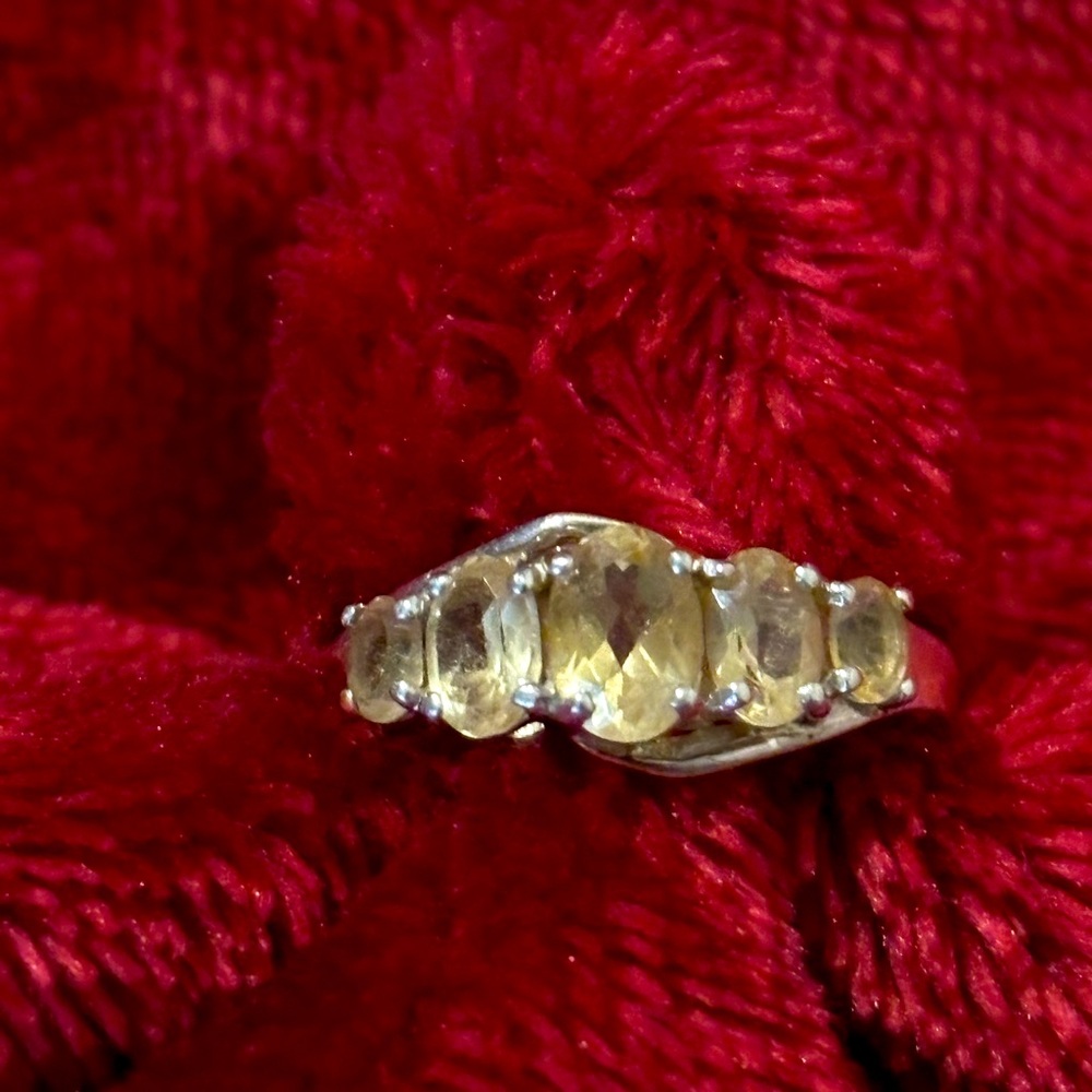 Citrine 5 stone oval shape cut, 2Ct rhodium over 925 sterling silver ring sz8